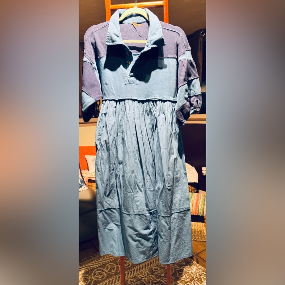 Free People Two-Tone Blue Long Sleeve Dress